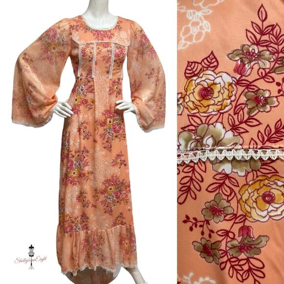 Vintage 70s Peach Floral Lace Trim Maxi Dress Goddess Cottage Core Gown XS S 2 4 - Picture 2 of 16
